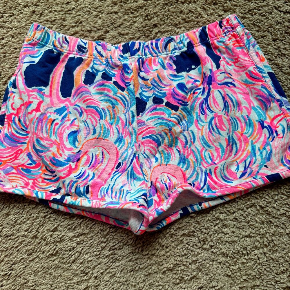 Lilly Pulitzer Girls’ Flamingo Shorts – Multicolor Swirl Print, Size XL (12–14)